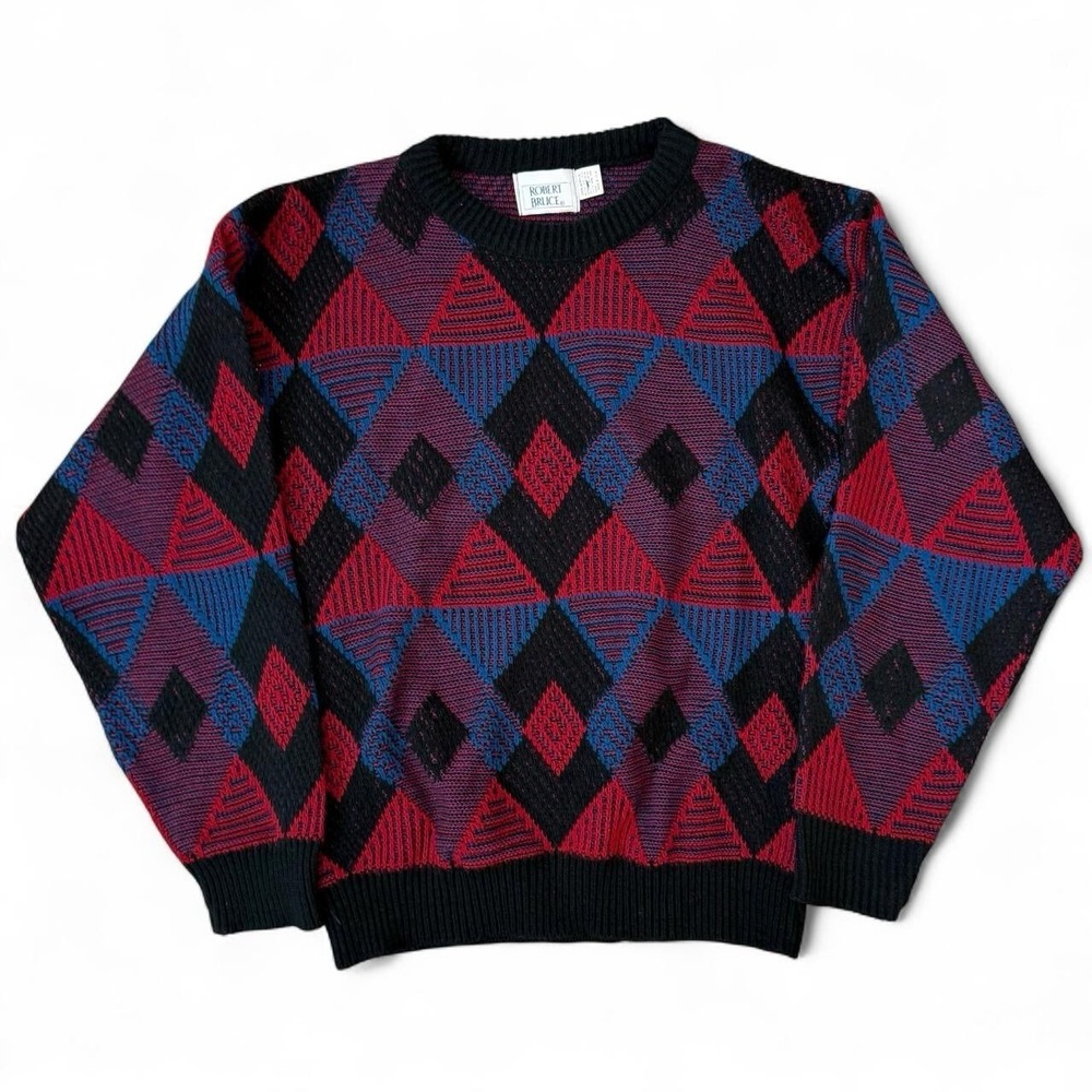 Vintage Robert Bruce Mens Geometric Knit Sweater Mens Size Small Made In USA 90s